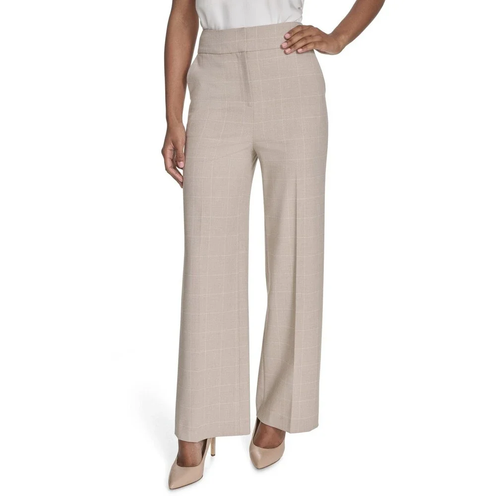 Calvin Klein Windowpane Print Wide Leg Pants Women's 8 Wicker Multi Zip Hook&Bar